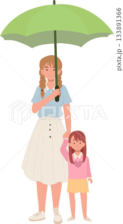 mother and daughter under green umbrella. A woman and young girl share a green umbrella on a rainy day 133891366