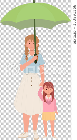 mother and daughter under green umbrella. A woman and young girl share a green umbrella on a rainy day 133891366