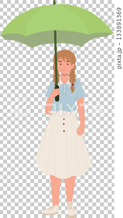 a young girl holding a green umbrella while standing outdoors 133891369