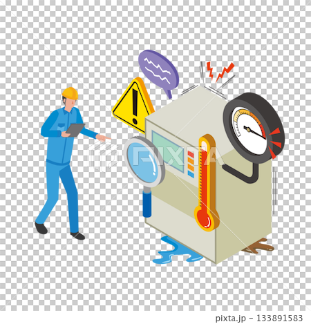 A male worker discovers a malfunction in a manufacturing machine 133891583