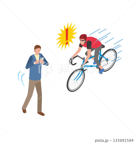 歩きスマホで歩く男性と自転車の事故 133891584