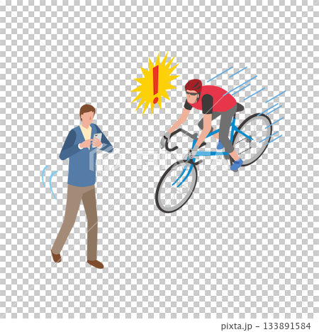 歩きスマホで歩く男性と自転車の事故 133891584