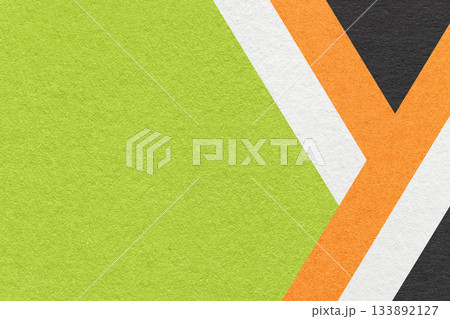 Abstract green textured paper background with white, orange, black geometric lines, copy space for graphic banner 133892127