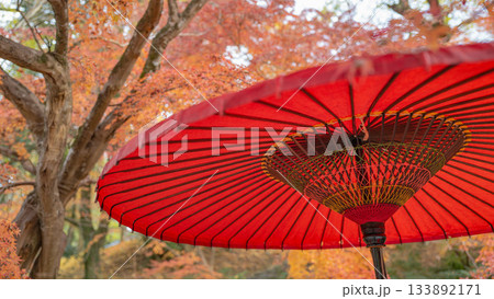 赤い和傘、秋の終わり、秋月城跡、紅葉とのコラボ 赤い和傘、秋の終わり、秋月城跡、紅葉とのコラボ 133892171