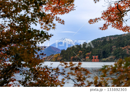 紅葉の湖畔より望む富士山(芦ノ湖) 神奈川県箱根町 紅葉の湖畔より望む富士山(芦ノ湖) 神奈川県箱根町 133892303