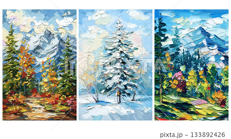 Art set, Seasonal Mountain Landscape Triptych, Impasto Oil Paintings of Autumn, Winter, and Spring Forests 133892426