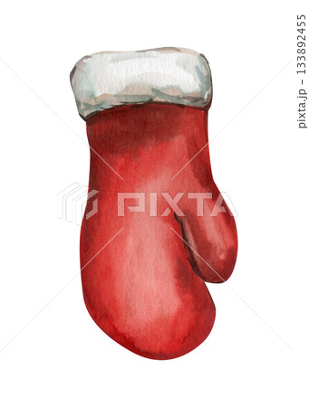 Watercolor red mitten with white fur trim cozy winter accessory illustration for festive holiday decor and seasonal design Watercolor red mitten with white fur trim cozy winter accessory illustration for festive holiday decor and seasonal design 133892455