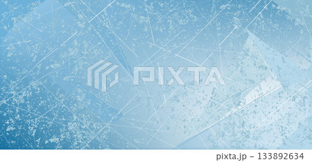 Blue ice background with scratches and cracks. Frozen lake surface, Christmas winter skating rink. Vector illustration for New Year, winter sports, and activities. 133892634