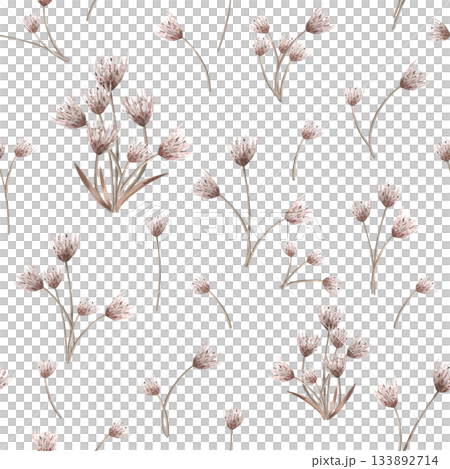 Seamless pattern with pink steppe flowers. Watercolor illustration for flower shop designs, eco-projects, travel agency websites, and corporate identities. 133892714