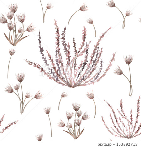 A seamless pattern with bouquets of small pink flowers and steppe grasses. Watercolor illustrations for flower shop designs, eco-projects, travel agency websites, and corporate identities 133892715