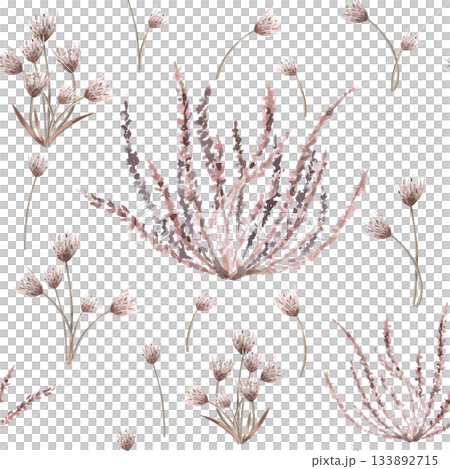 A seamless pattern with bouquets of small pink flowers and steppe grasses. Watercolor illustrations for flower shop designs, eco-projects, travel agency websites, and corporate identities 133892715