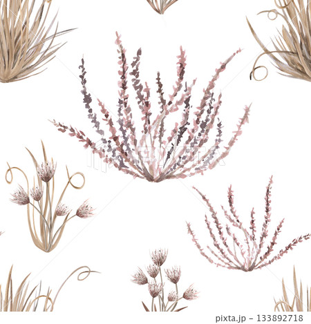 A seamless pattern with bouquets of flowers and steppe herbs. Watercolor illustration for packaging design, flower shop decor, eco-projects, travel agency websites, and corporate identity 133892718