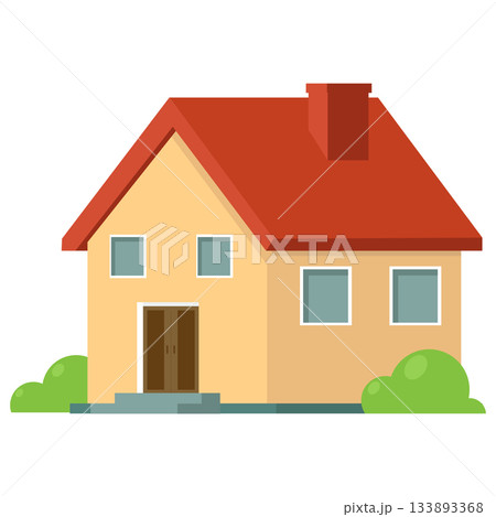 Illustration of a Simple House with Bushes 133893368