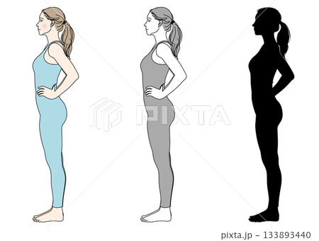 腰に手を当てて立つ姿勢の良い女性のイラストとシルエットセット 全身横向き 133893440