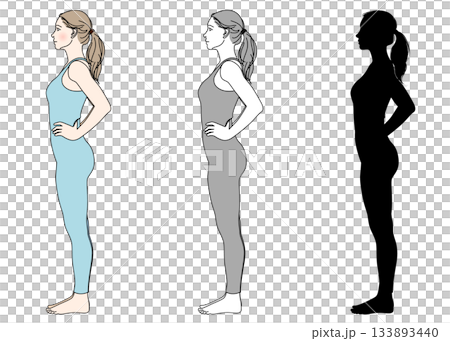 腰に手を当てて立つ姿勢の良い女性のイラストとシルエットセット 全身横向き 133893440