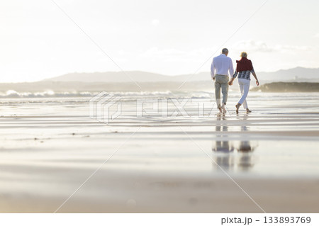 Senior couple walking hand in hand enjoying beach sunset Senior couple walking hand in hand enjoying beach sunset 133893769