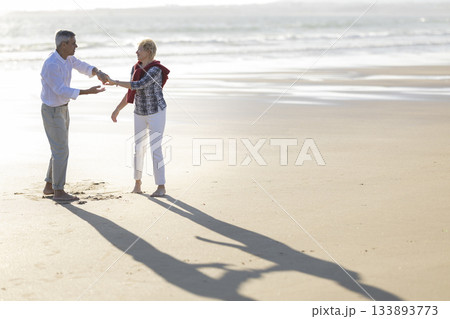 Happy senior couple dancing on sandy beach 133893773
