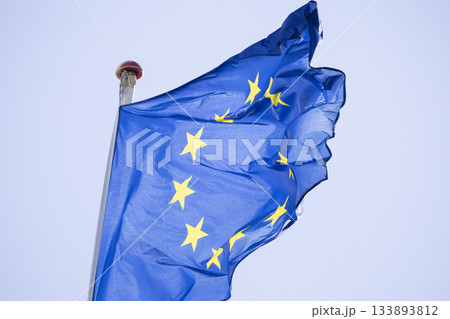 European union flag waving against clear sky European union flag waving against clear sky 133893812