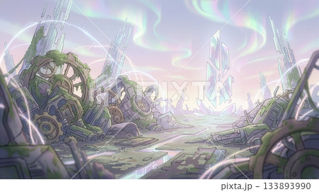 崩壊した機械文明と宙に輝く結晶群の異世界背景イラスト 133893990