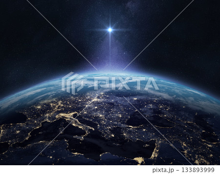 Nightly Earth planet. Star of Jesus or Christmas Star. Nightly Earth planet. Star of Jesus or Christmas Star. 133893999