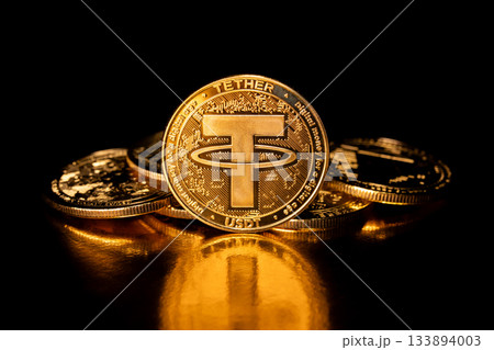 Tether USDT cryptocurrency and gold coins. Tether USDT cryptocurrency and gold coins. 133894003