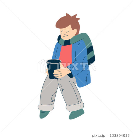 Homeless Boy Kid Beg for Money in the Street Vector Illustration Homeless Boy Kid Beg for Money in the Street Vector Illustration 133894035