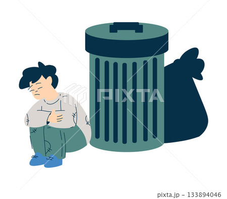 Homeless Boy Kid at Trash Bin in the Street Vector Illustration Homeless Boy Kid at Trash Bin in the Street Vector Illustration 133894046