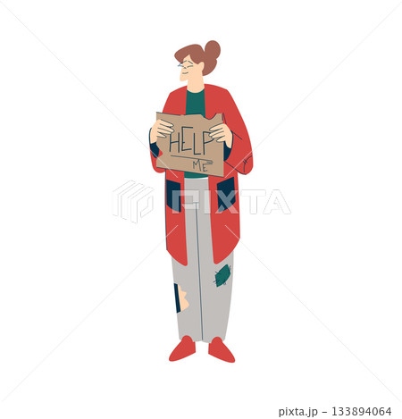 Homeless Woman Character with Cardboard Live in Street in Poverty as Social Problem Vector Illustration 133894064