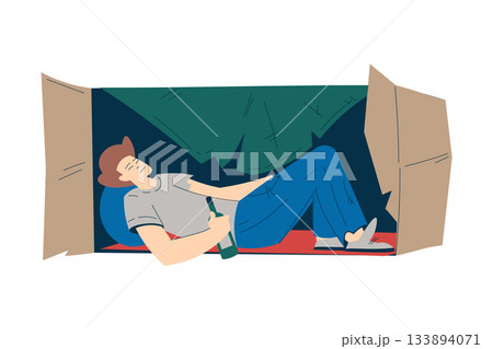 Homeless Man Character in Cardboard Box with Alcohol Live in Street in Poverty as Social Problem Vector Illustration Homeless Man Character in Cardboard Box with Alcohol Live in Street in Poverty as Social Problem Vector Illustration 133894071