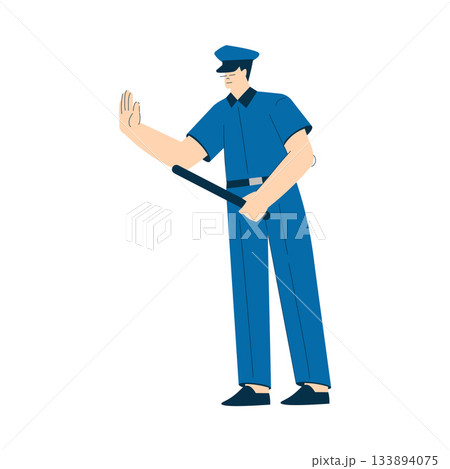 Man Police Officer or Cop in Blue Uniform with Baton Standing Vector Illustration 133894075