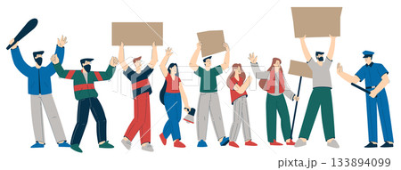 People Protesting in Streets with Placard Participate in Riot Vector Illustration 133894099