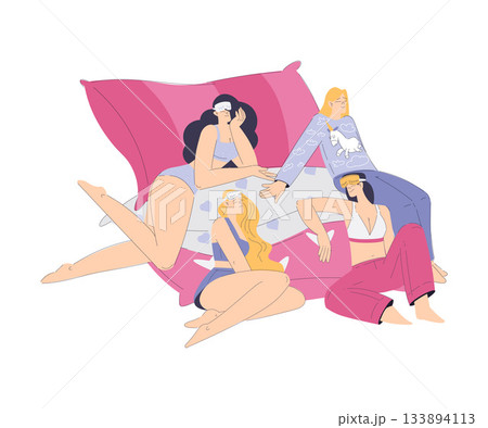 Group of Woman in Pajamas Have Party Enjoy Sleepover Vector Illustration 133894113