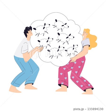 Sleepless Man and Woman at Night Count Sheep Suffer from Insomnia Vector Illustration 133894130