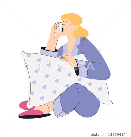Sleepy Yawning Woman Character Sit with Soft Pillow Vector Illustration 133894144