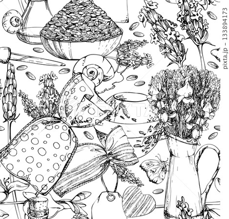 Sachet bags, lavender and Spanish broom bouquet in vintage vase, essential oil vial with dropper, seeds heap in clay bowl, rustic hearts and tags. Hand drawn in vector ink, isolated seamless pattern. 133894173