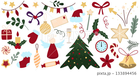 Set of cute atmospheric winter New Year illustrations 133894456