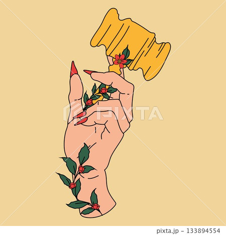 Feminine Hand with Gavel and Floral Accents Feminine Hand with Gavel and Floral Accents 133894554