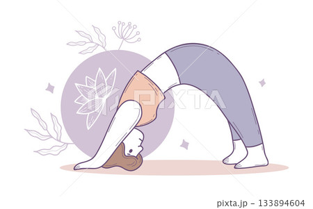 Girl Doing Yoga in Stretching in Asana Downward Facing Dog Pose with Floral Elements. Color hand-drawn, doodle in soft pastel colors. Vector illustration. Female Character and Fitness. Not AI Girl Doing Yoga in Stretching in Asana Downward Facing Dog Pose with Floral Elements. Color hand-drawn, doodle in soft pastel colors. Vector illustration. Female Character and Fitness. Not AI 133894604