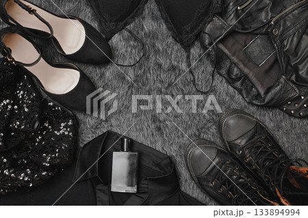Black Friday Sale Fashion Background. Clothes Flat Lay with Shoes, Fragrance, Lingerie and Phone. Offer Shop Concept 133894994