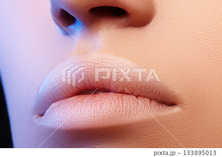Perfect Natural Lip Makeup. Close Up Macro Photo with Perfect Clean Skin, Light Fresh Lip Make-up. Beautiful Spa Lips Perfect Natural Lip Makeup. Close Up Macro Photo with Perfect Clean Skin, Light Fresh Lip Make-up. Beautiful Spa Lips 133895013