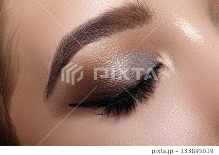 Closeup Macro of Woman Face with Silver Eyes Make-up. Fashion Celebrate Makeup, Glowy Clean Skin, perfect Shapes of Brows 133895019