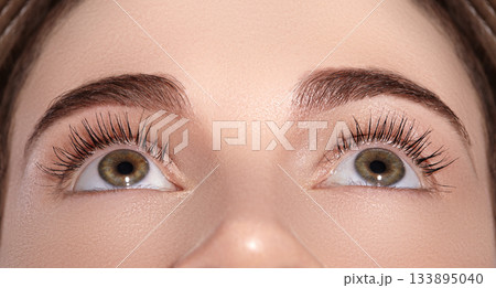 Close-up Macro of Beautiful Female Eye with Perfect Shape Eyebrows. Clean skin, Fashion Naturel Make-Up. Good Vision Close-up Macro of Beautiful Female Eye with Perfect Shape Eyebrows. Clean skin, Fashion Naturel Make-Up. Good Vision 133895040