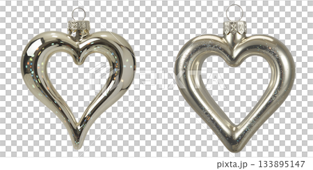 Elegant silver heart-shaped ornaments for christmas or wedding decor, reflecting light on transparent background for festive concepts 133895147