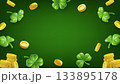 3d Clover and coins dark green background St. Patrick's Day and casino design with copy space 133895178