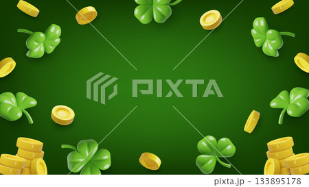 3d Clover and coins dark green background St. Patrick's Day and casino design with copy space 3d Clover and coins dark green background St. Patrick's Day and casino design with copy space 133895178