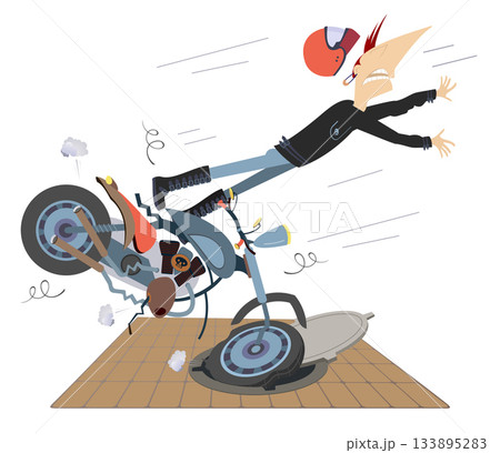 Road accident. Motorcyclist falling down from the motorbike. Motorcyclist gets into sewer manhole and falls down from motorcycle Road accident. Motorcyclist falling down from the motorbike. Motorcyclist gets into sewer manhole and falls down from motorcycle 133895283