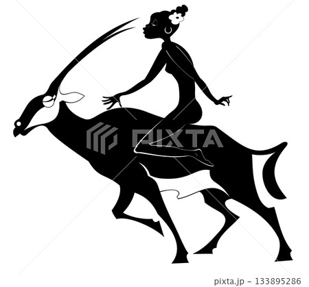 Pretty young African woman rides on antelope. Black and white illustration Pretty young African woman rides on antelope. Black and white illustration 133895286