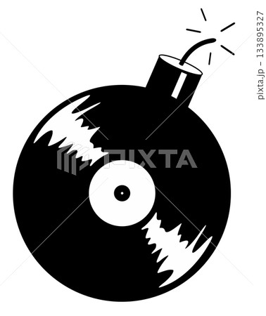 Long play record bomb. Bomb music. Long play record looks like bomb with fuse. Black and white illustration 133895327