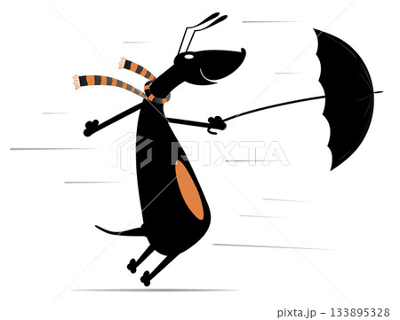 Cute dog, umbrella and windy day.  Cartoon dachshund with umbrella stands on strong wind. Isolated on white background 133895328