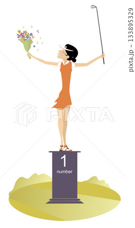 Golfer woman standing on the podium of the winner. Happy golfer woman stands on the podium and holds golf club and flowers 133895329